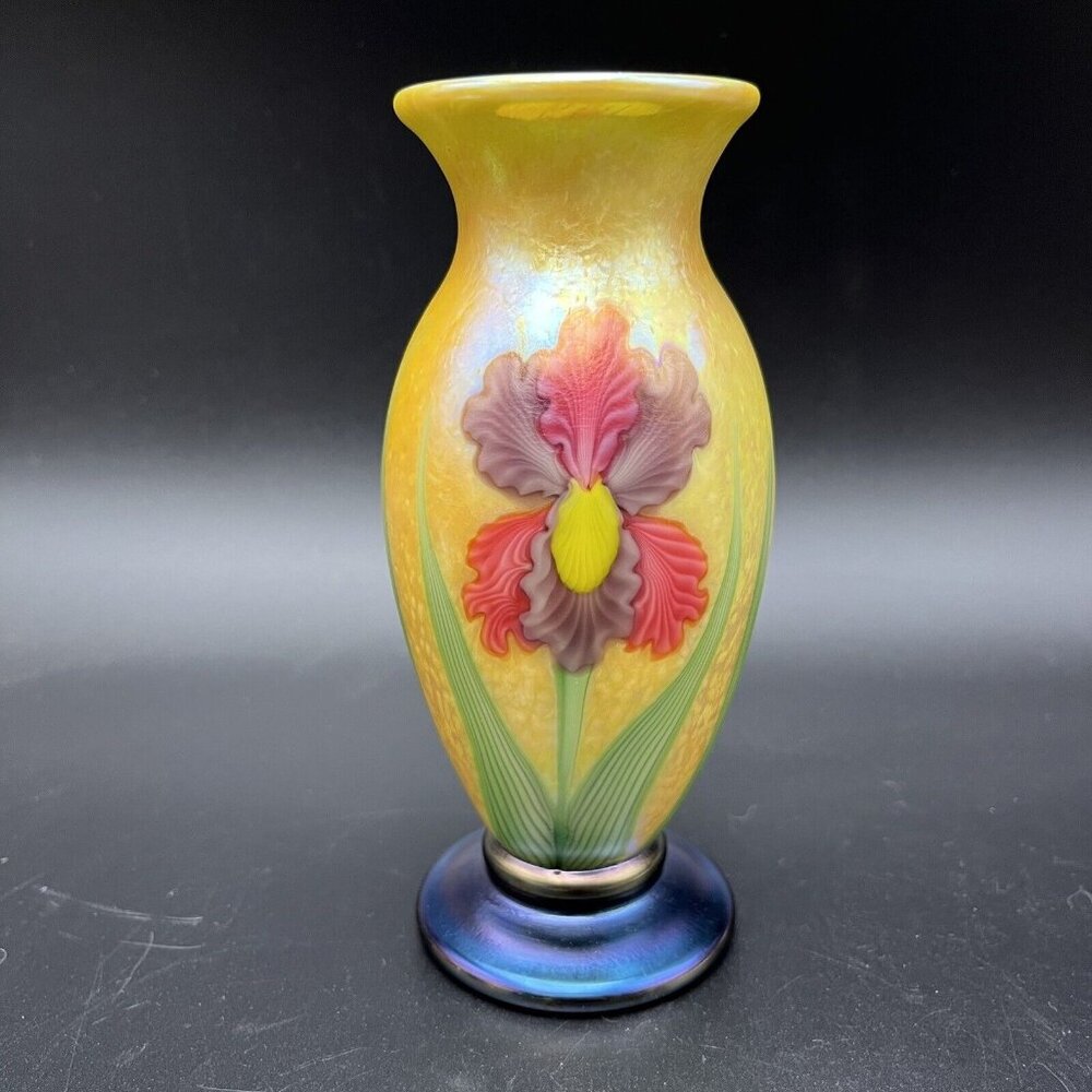 Held For Orient & Flume Studio Art Glass Iridescent Iris Flower Vase Signed